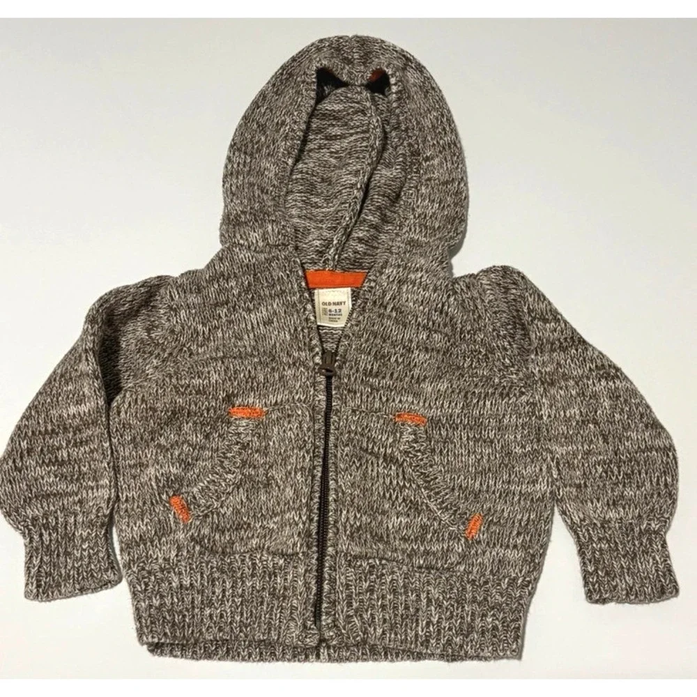Old Navy Baby Gray Knit Hooded Full Zip Sweater w/ Pockets 6-12 Months